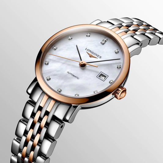 Longines Elegant Collection 29mm pärlemor diamant automatisk stål roséguldfinish L4.310.5.87.7