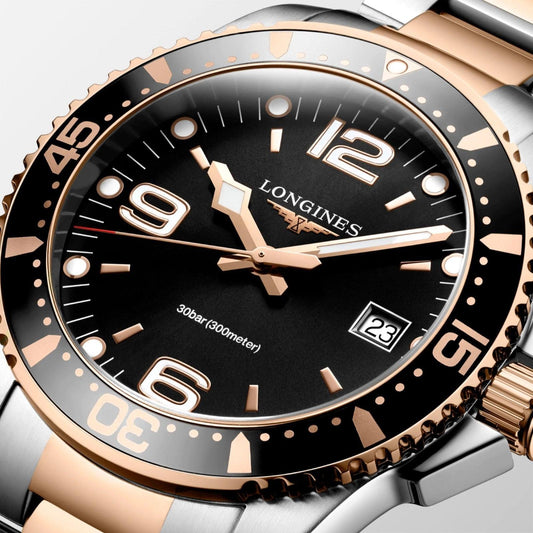 Longines HydroConquest 41mm svart kvarts stål roséguld PVD-finish klocka L3.740.3.58.7