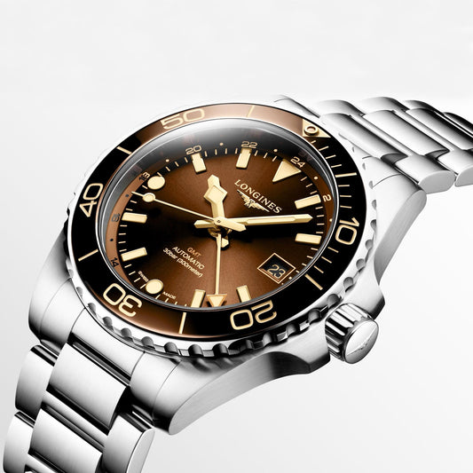 Longines Hydroconquest GMT 41mm brun automatisk stålklocka L3.790.4.66.6