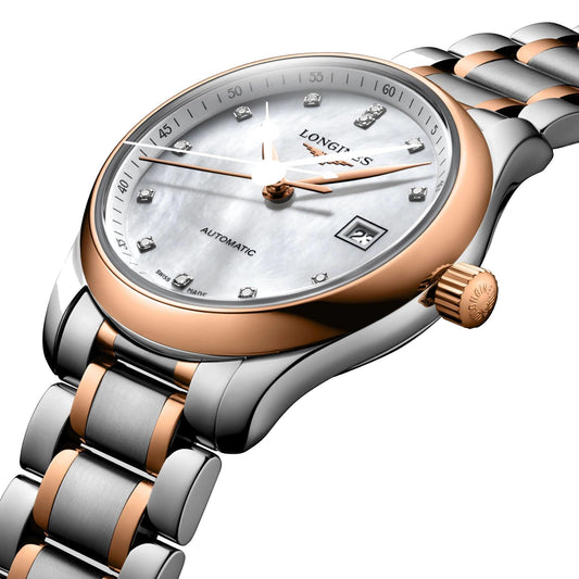 Longines Master Collection 29mm pärlemor diamant automatisk stål roséguldklocka L2.257.5.89.7