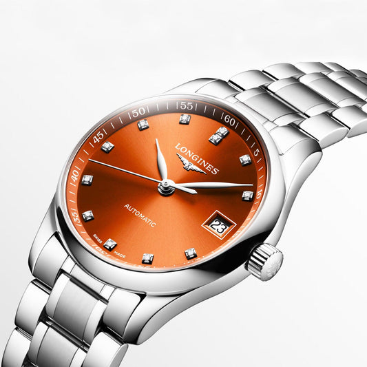Longines Master Collection 34mm automatisk stålklocka med orange diamanter L2.357.4.08.6