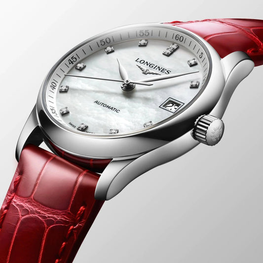 Longines Master Collection 34mm pärlemor diamant automatisk stålklocka L2.357.4.87.2