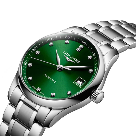Longines Master Collection 34mm Grön diamant automatisk stålklocka L2.357.4.99.6