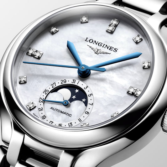 Longines Primaluna Moonphase 34mm Pärlemor diamant automatisk stålklocka L8.126.4.87.6