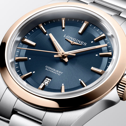 Longines Conquest 30mm blå automatisk stålklocka i roséguld med PVD-finish L3.320.5.92.6