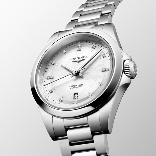 Longines Conquest 30mm Pärlemor diamant automatisk stålklocka L3.320.4.87.6
