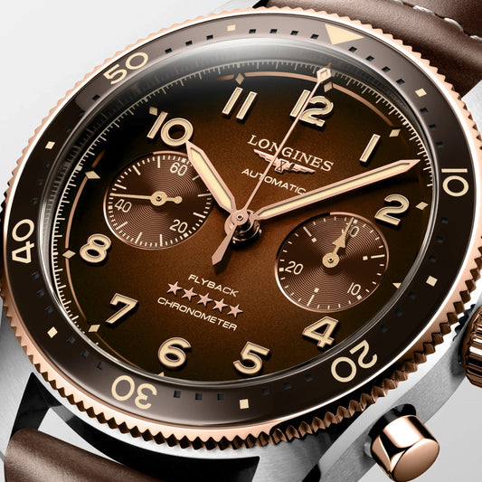 Longines Spirit Flyback 42mm brun automatisk klocka i stål och 18kt roséguld L3.821.5.59.2