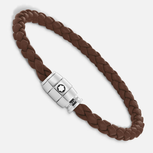 Montblanc stålarmband med 3 ringar och Meisterstück brunt, beige läder, storlek M 13600163