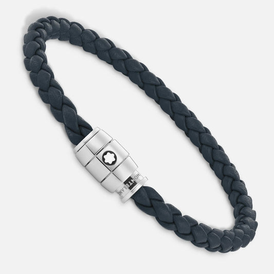 Montblanc Meisterstück armband i stål och läder med 3 ringar, Air Force Blue, storlek L 13601468