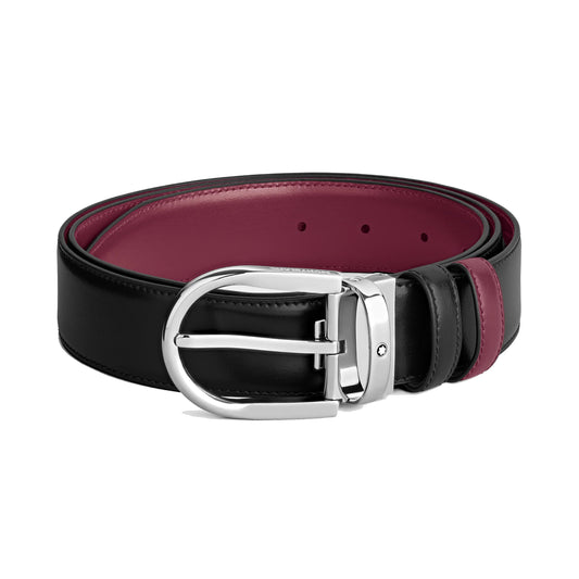 Montblanc 35mm vändbart bälte i svart/cassisläder med hästskospänne 199640