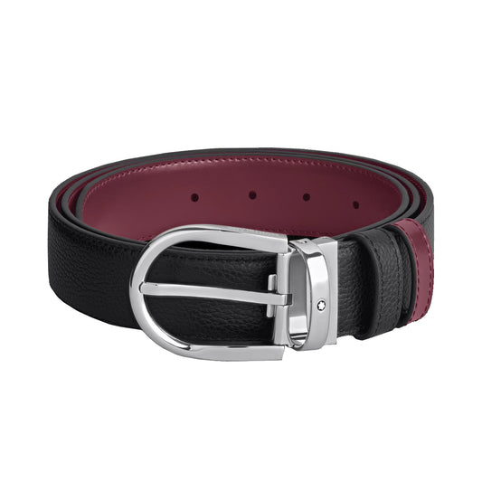 Montblanc vändbart bälte 35 mm svart narvat/cassisläder med hästskospänne 199665