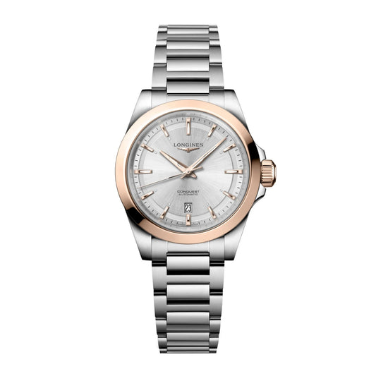 Longines Conquest 30mm automatisk silver roséguld stålklocka L3.320.5.72.6