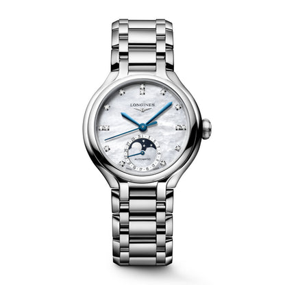 Longines Primaluna Moonphase 34mm Pärlemor diamant automatisk stålklocka L8.126.4.87.6