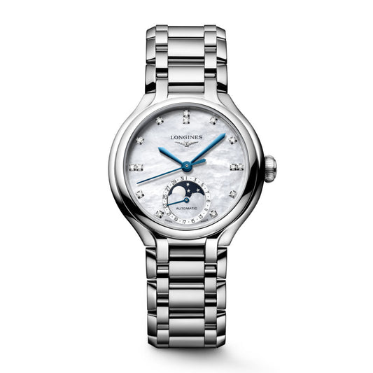 Longines Primaluna Moonphase 34mm Pärlemor diamant automatisk stålklocka L8.126.4.87.6