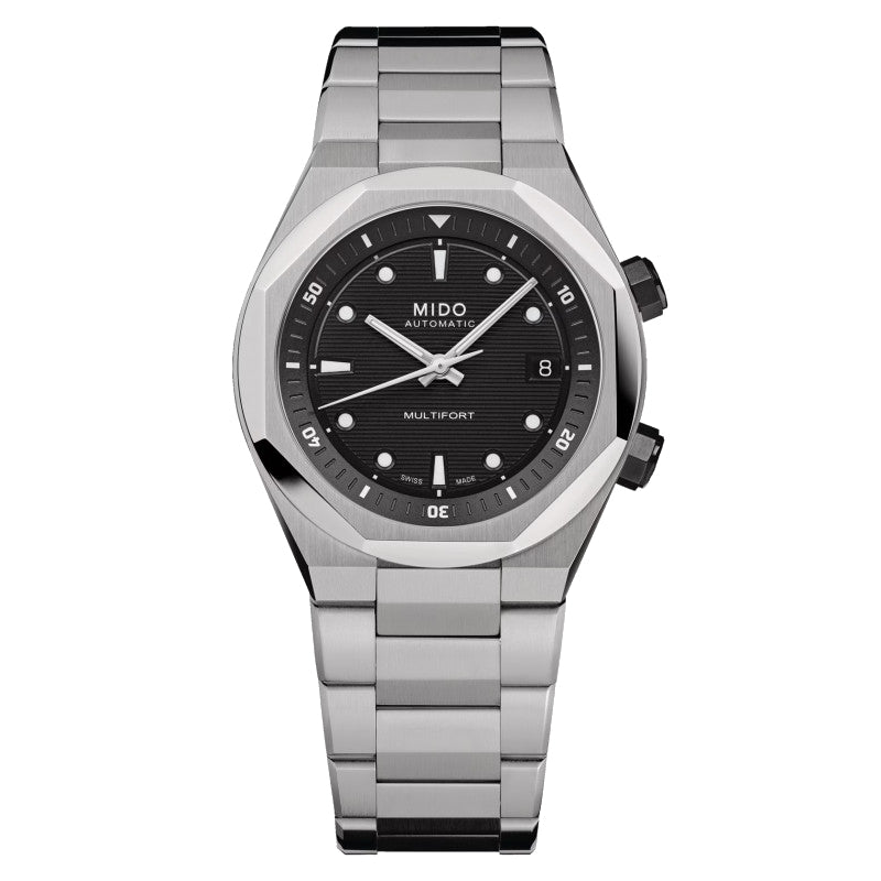 Mido Multifort 8 Two Crowns 38,4 x 40 mm svart automatisk stålklocka M047.507.11.051.00