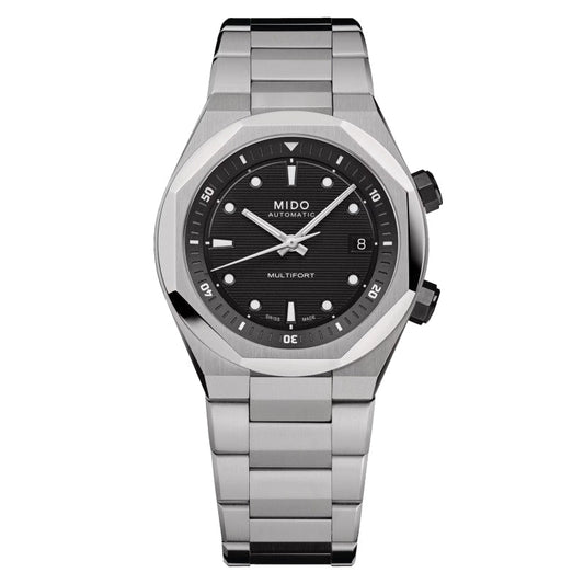 Mido Multifort 8 Two Crowns 38,4 x 40 mm svart automatisk stålklocka M047.507.11.051.00