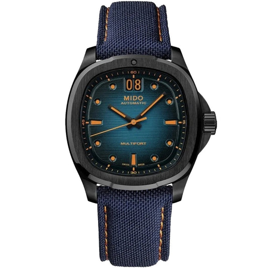 Mido Multifort TV Big Date 39x40mm blå automatisk stålklocka med svart PVD-finish M049.526.37.041.00