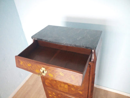 Cassettiera secrétaire luigi xvi in legno con piano in marmo scuro e cassetto parzialmente aperto fine 800