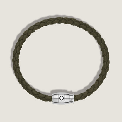 Bracciale montblanc in pelle kaki intrecciata con chiusura magnetica in acciaio pregiato lucido impreziosito