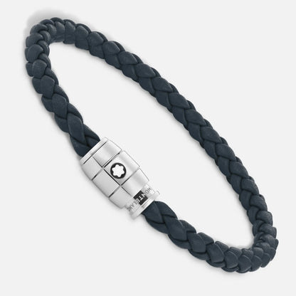 Bracciale montblanc in pelle nera intrecciata con chiusura magnetica in acciaio pregiato lucido blu avio impreziosito