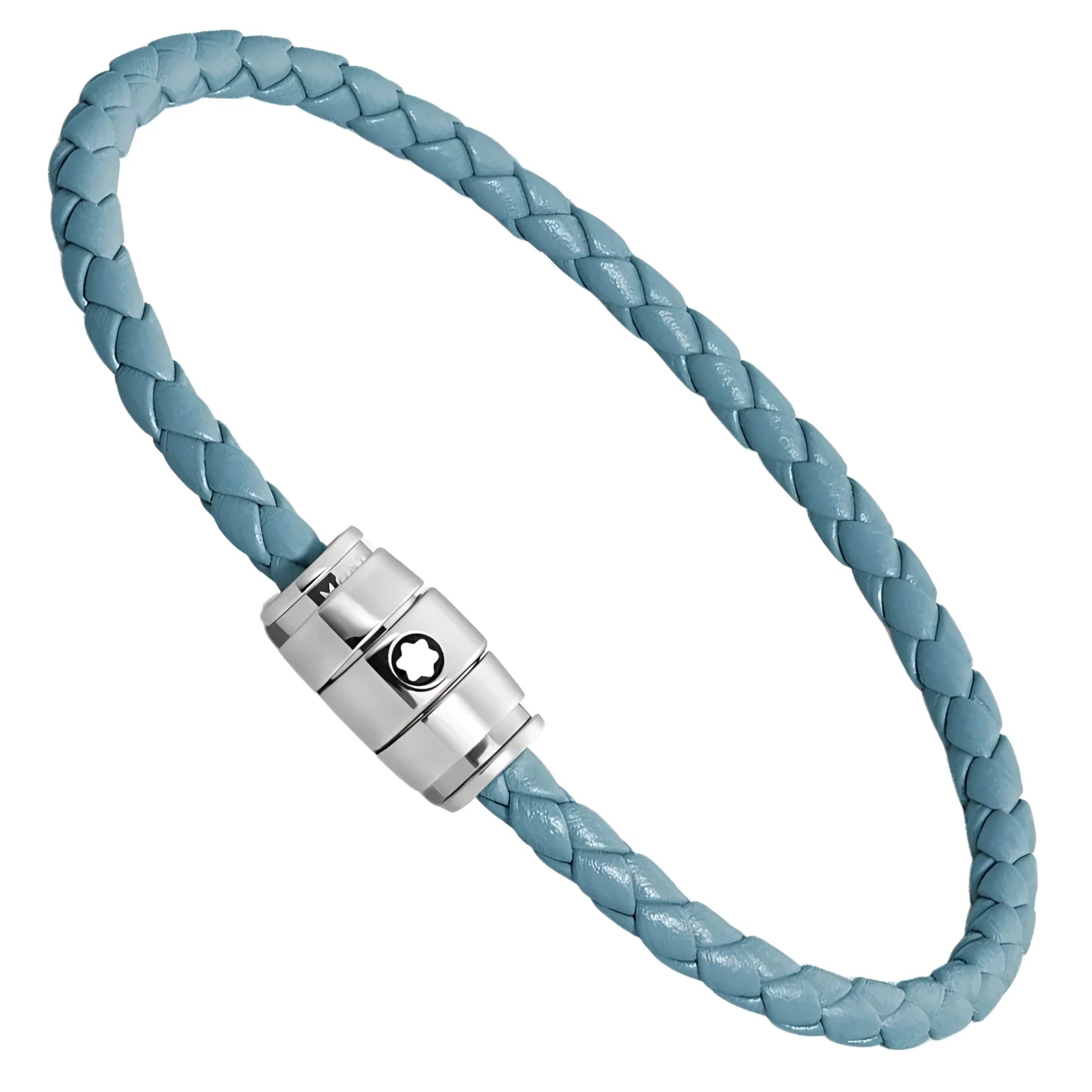 Montblanc bracciale pelle meisterstück blu fumè intrecciato con chiusura magnetica argento e logo Montblanc