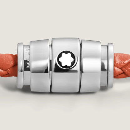 Montblanc bracciale in acciaio con chiusura a stella e pelle meisterstück cayenne arancione intrecciata misura m