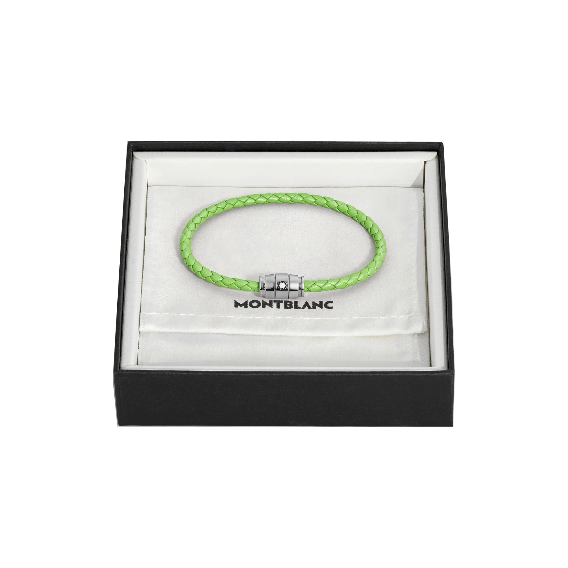 Bracciale montblanc in pelle meisterstück lime intrecciata verde lime con chiusura in acciaio presentato in confezione regalo elegante
