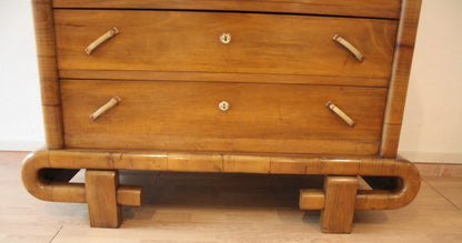 Cassettiera in noce art decò con base curva in legno anni 50 design mid century moderno italiano da dario raia antiquariato