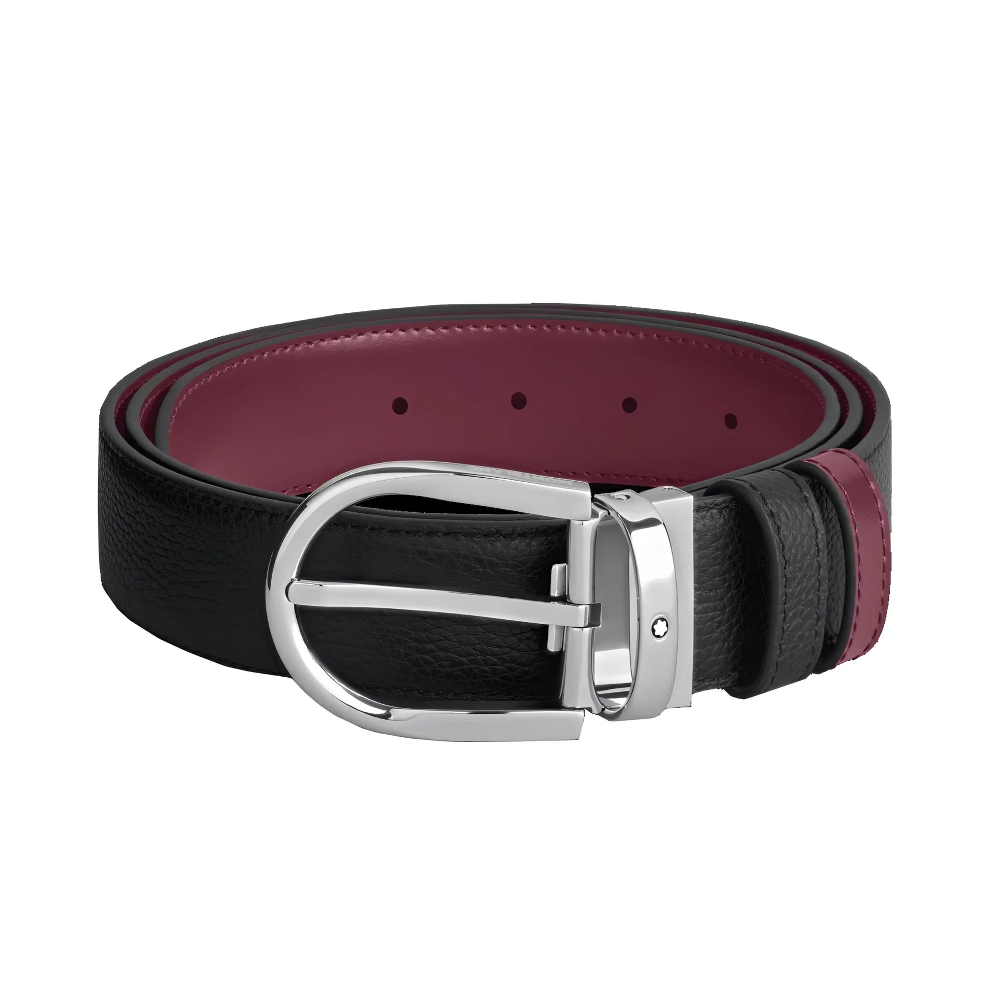 Cintura reversibile montblanc 35 mm in pelle nera granulata con interno cassis e fibbia in argento lucido