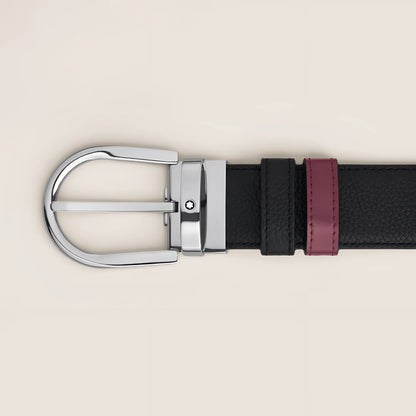 Montblanc cintura reversibile 35 mm in pelle nera granulata con fibbia a ferro di cavallo e dettaglio bordeaux