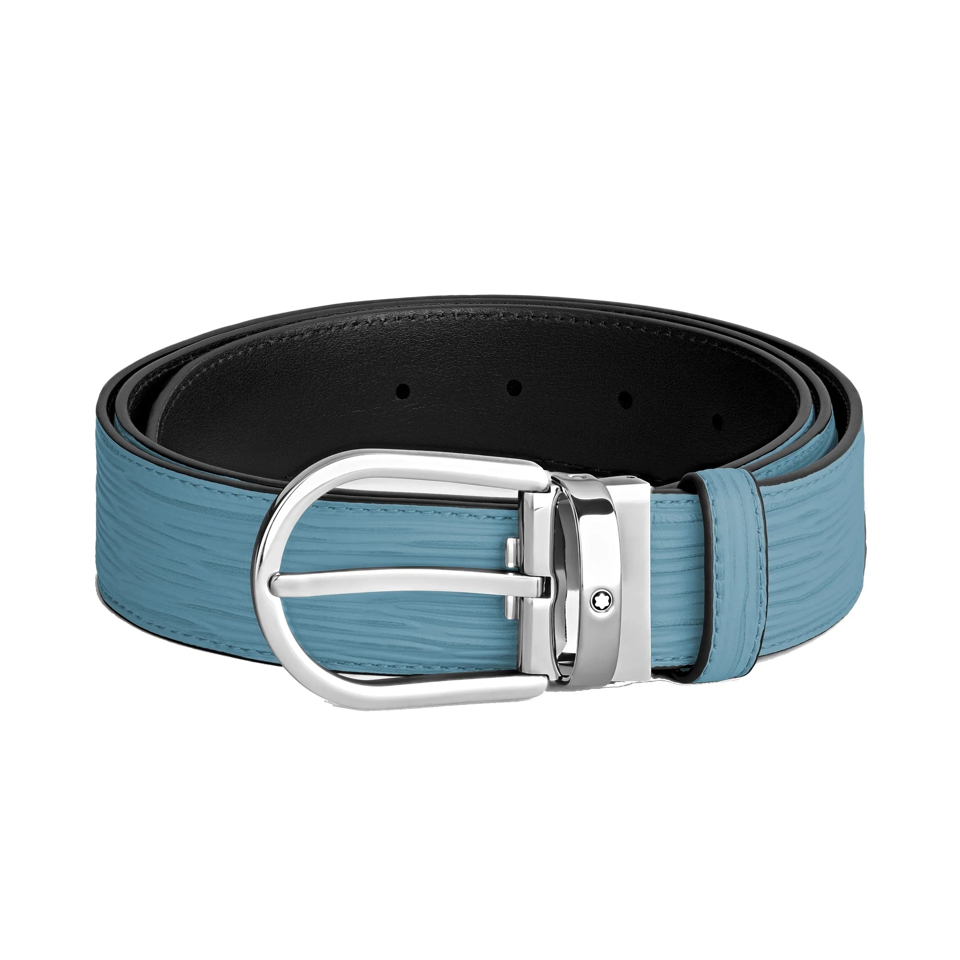 Montblanc cintura 35 mm in pelle blu fumé con fibbia a ferro di cavallo e fodera interna nera in pelle blu