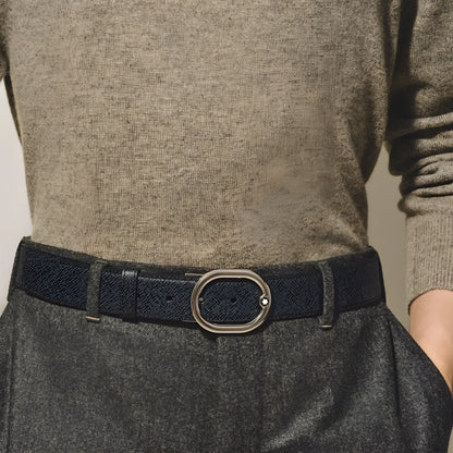 Montblanc cintura reversibile in pelle blu tweed con fibbia ovale argento unisce eleganza e funzionalità