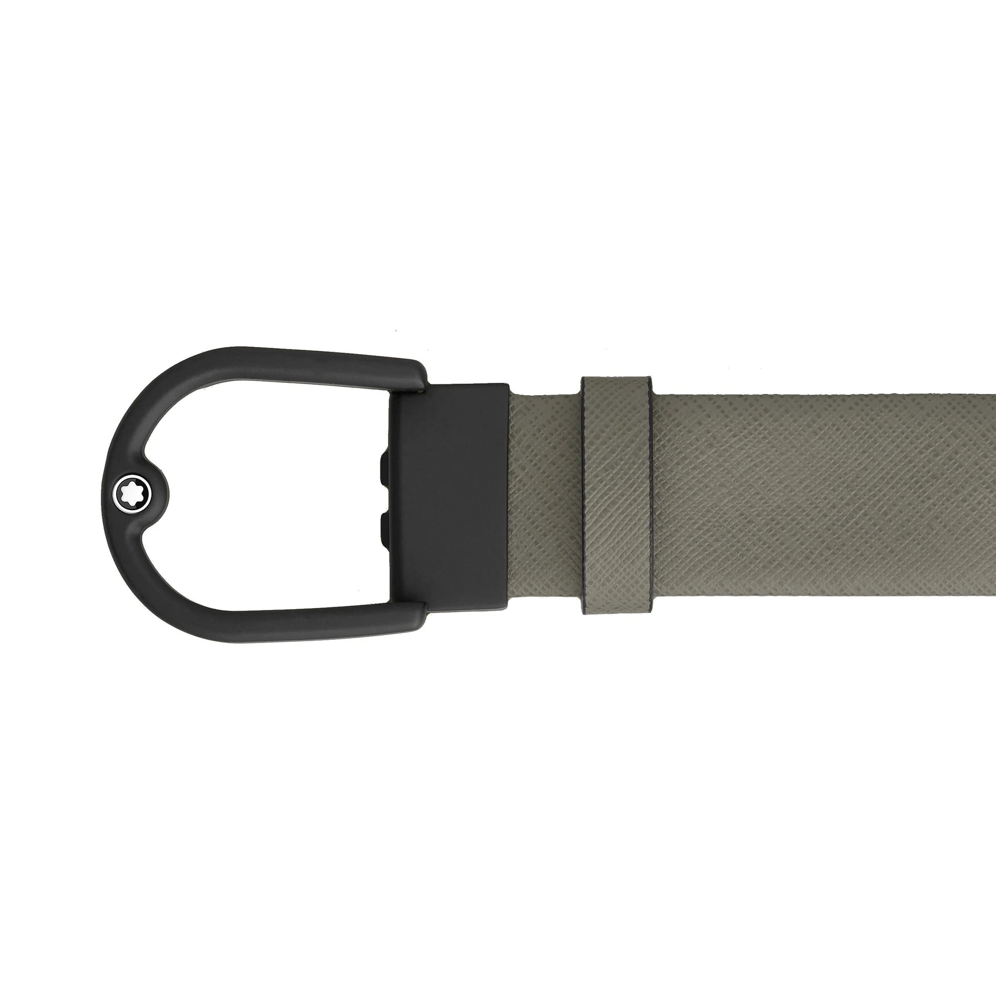 Montblanc elegante cintura tubolare in pelle grigio medio con fibbia nera opaca e stella argento su cinturino verde oliva