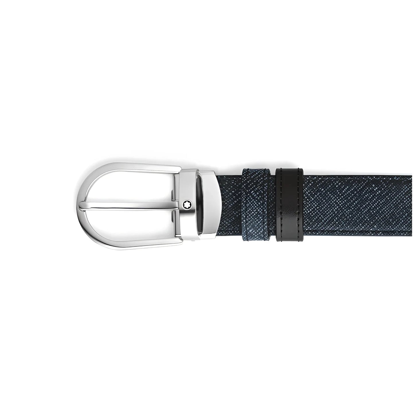 Cintura reversibile montblanc con fibbia argentata e cinturino tessuto blu scuro che unisce eleganza e funzionalità