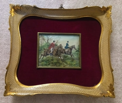 Miniatura olio su tela inglese del XIX secolo con cornice originale e straordinaria miniatura firmata su fondo vellutato rosso