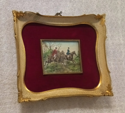 Antica miniatura olio su tela inglese del xix secolo con straordinaria miniatura firmata e cornice dorata su velluto rosso
