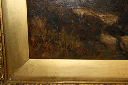 Cornice dorata ornata con dipinto paesaggistico scuro di joseph paul pettitt e george young the mussel gatherers south coast gatherers