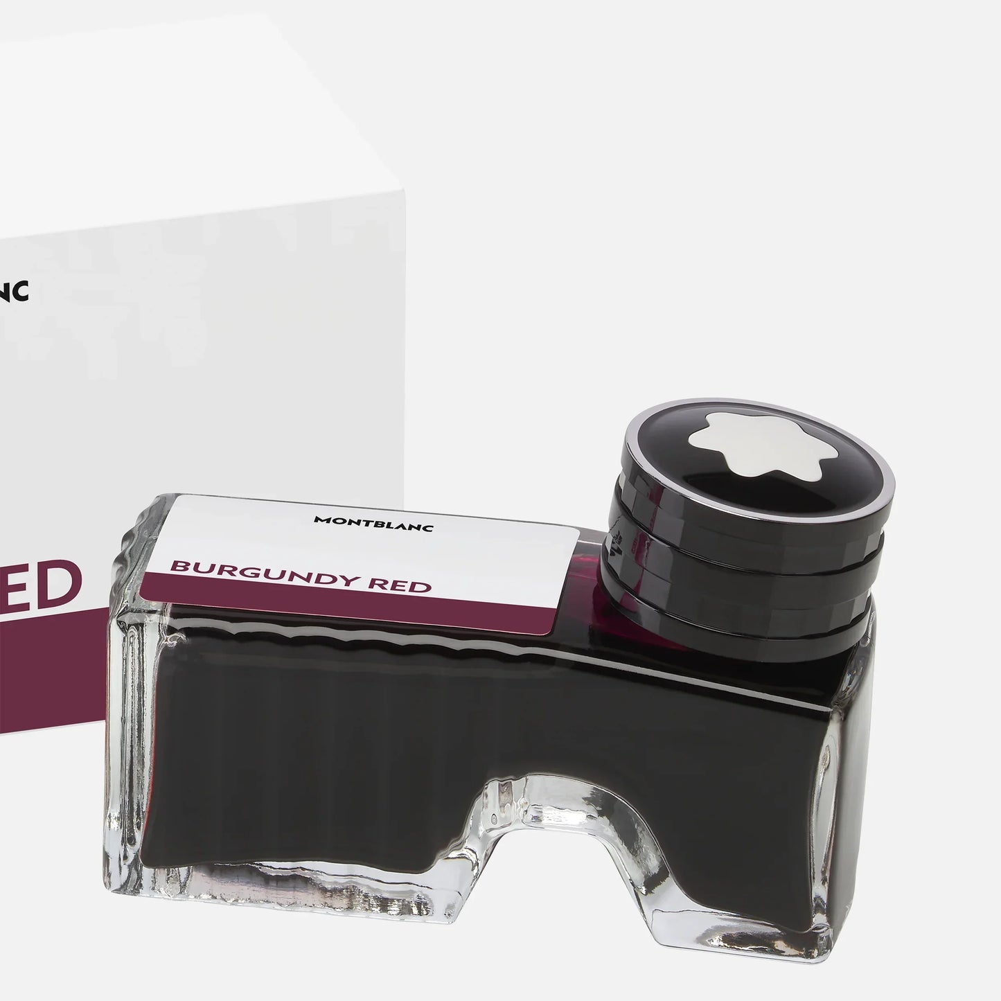 Boccetta dinchiostro montblanc da 50ml in vetro elegante con cappuccio nero e logo stella in rosso bordeaux