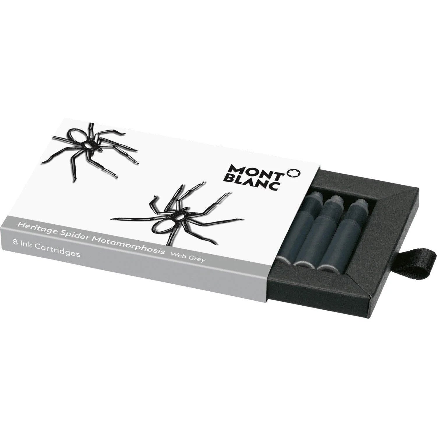 Cartucce heritage spider montblanc inchiostro grigio in confezione elegante nera e bianca con illustrazioni di ragni
