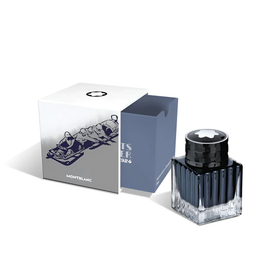Montblanc boccetta d’inchiostro 50ml in vetro sfaccettato blu con tappo nero e stella argento olympic heritage chamonix 1924
