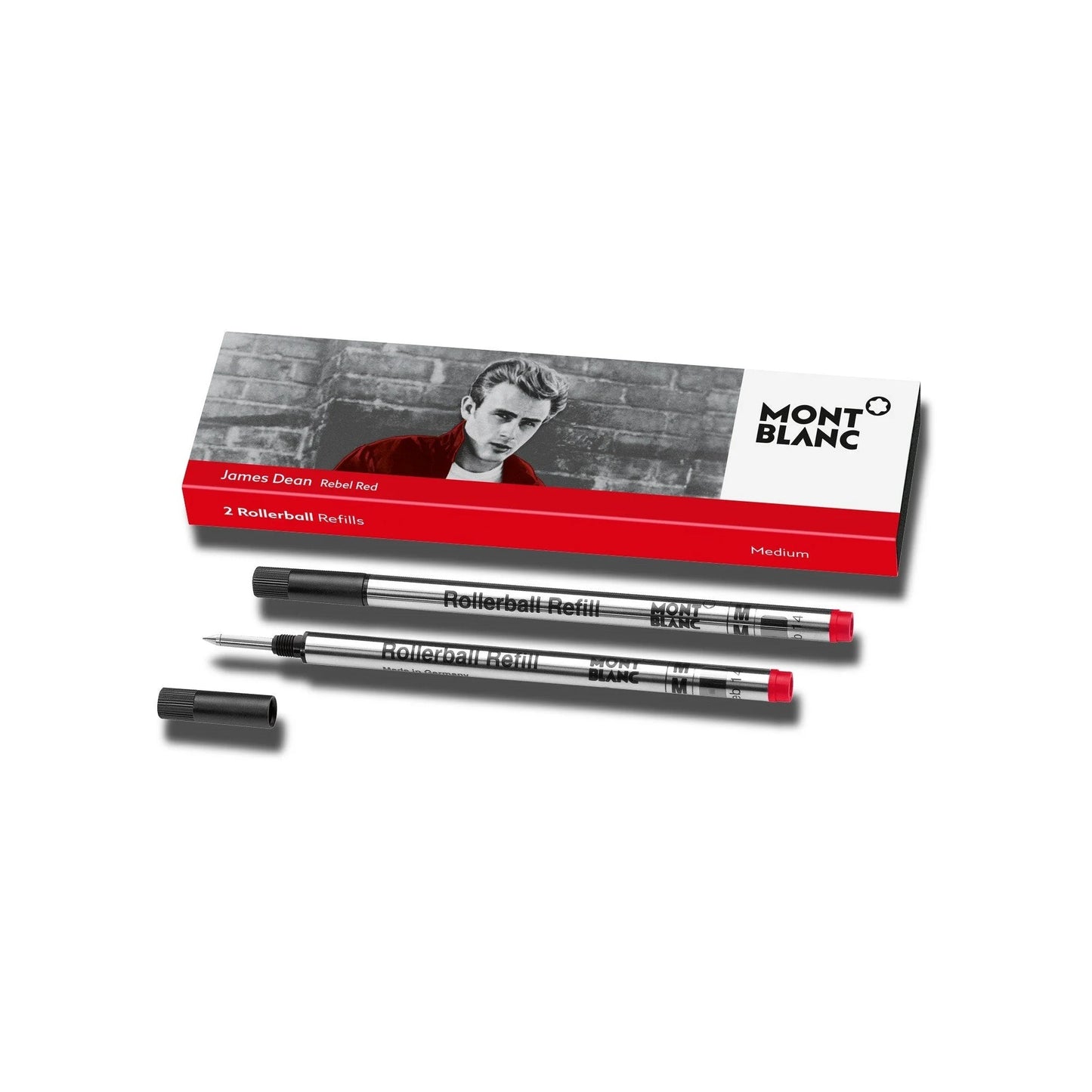 Montblanc james dean rebel red refill per rollerball medium in barrel silver con tappo rosso vibrante rosso ribelle