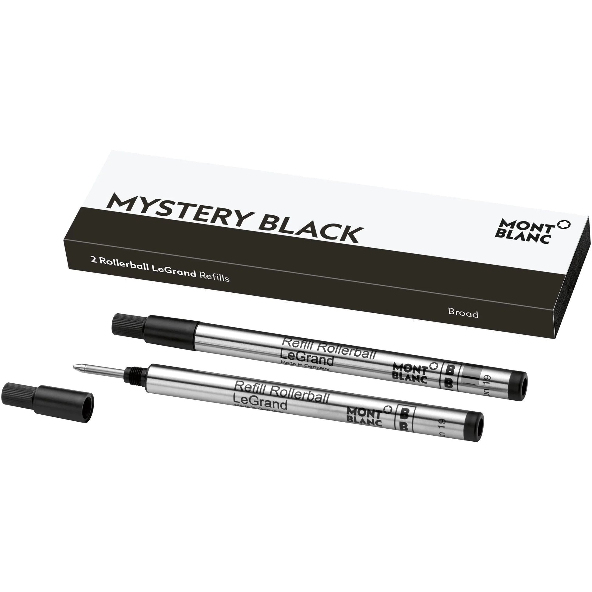 Silver-finished roller Montblanc Legrand rollerball refills with mystery black ink in sleek white and black packaging box