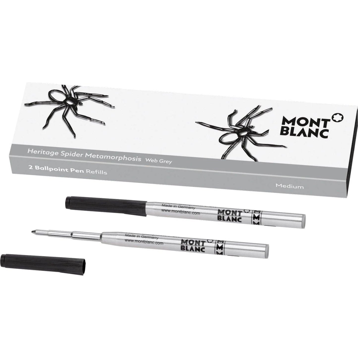 Montblanc refill per penna a sfera heritages spider grey con corpo argentato e cappuccio nero in confezione da 2