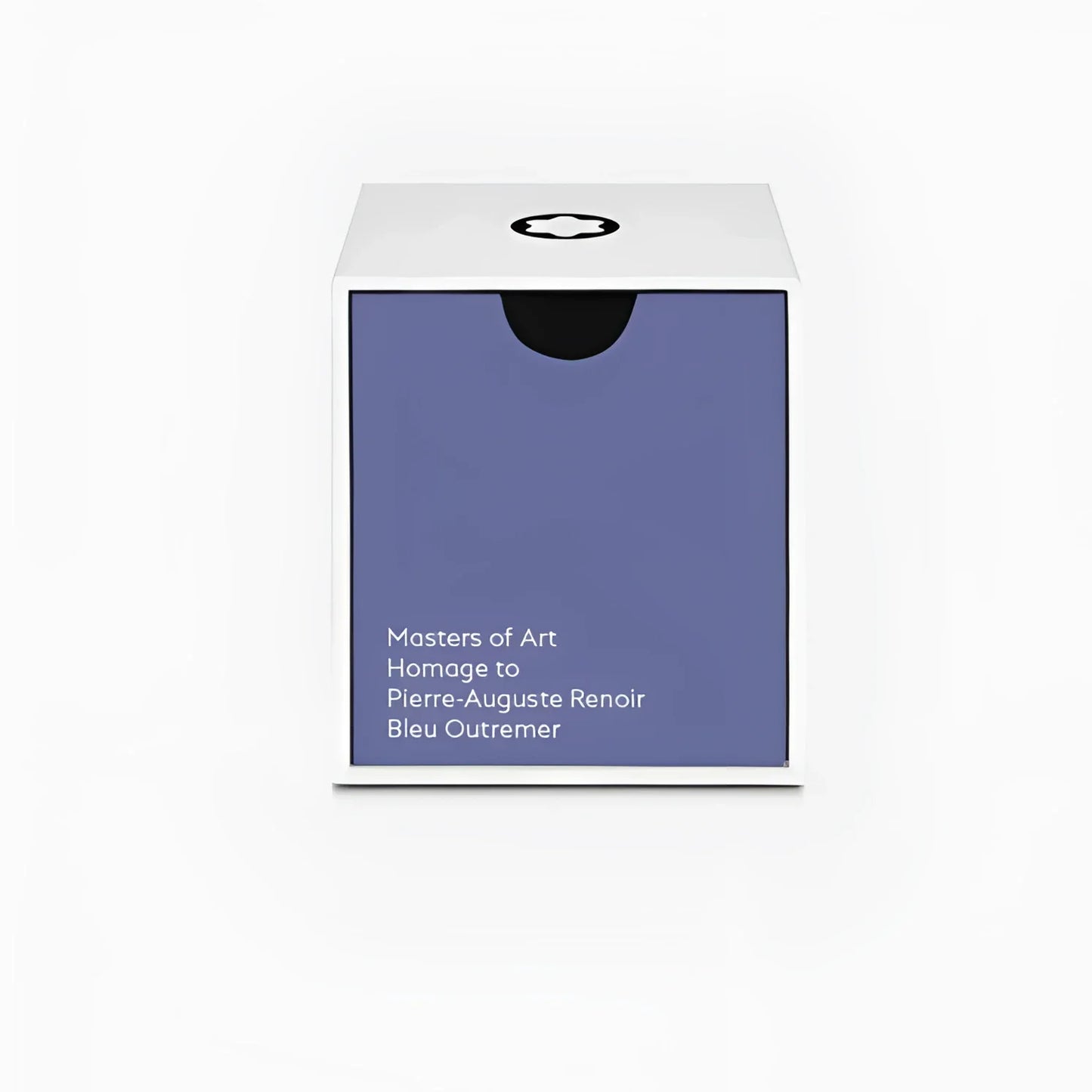 White rectangular boccetta d’inchiostro montblanc 50ml with purple front panel and black text montblanc logo