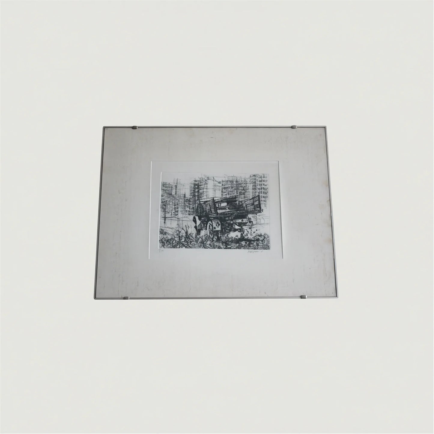 Litografia in bianco e nero incorniciata di renzo vespignani con camion in periferia anno 1956 dimensioni quadro compatte