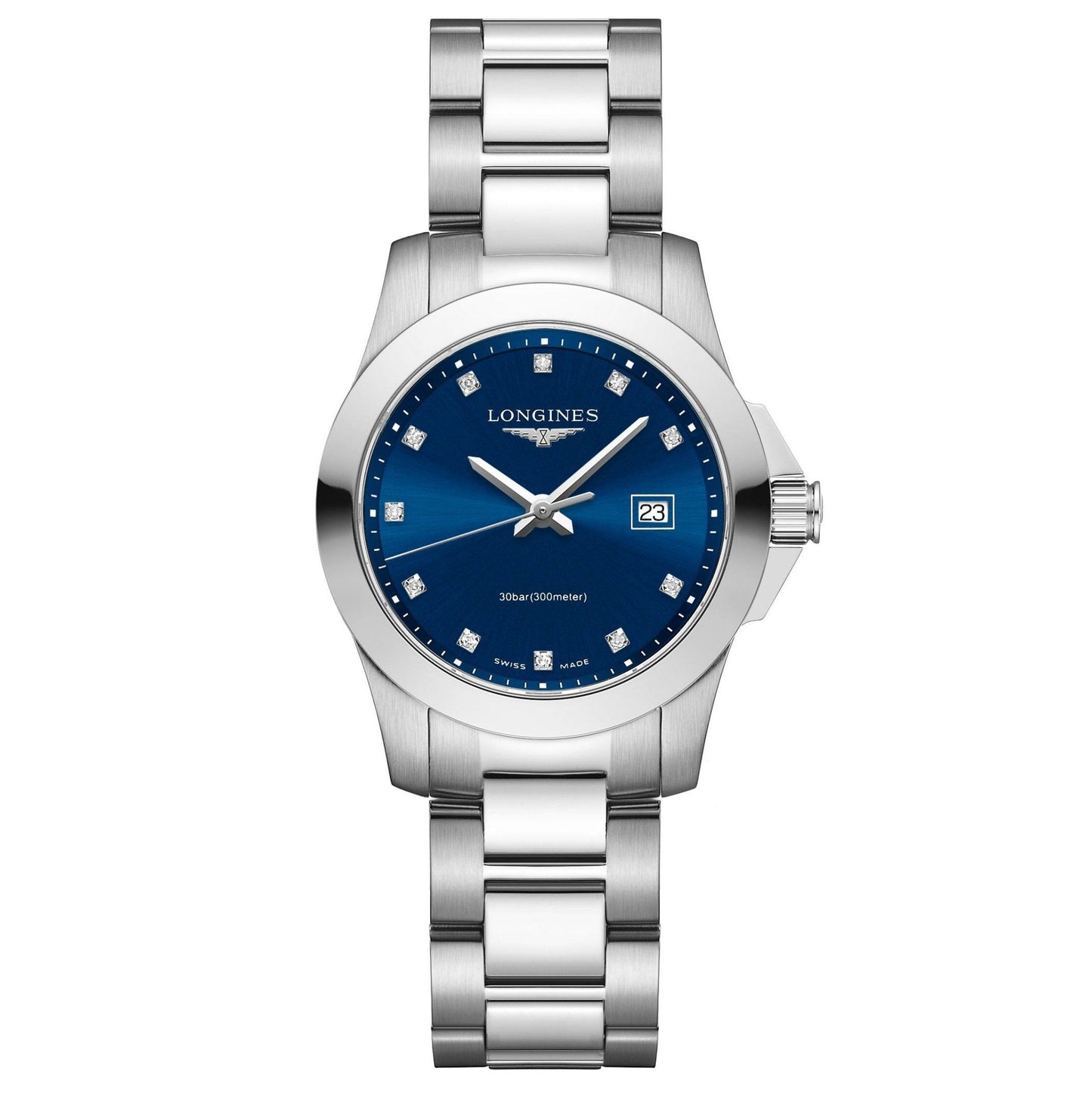 Longines Conquest 29.5mm Blå diamant stål kvartsur L3.376.4.97.6