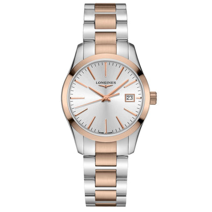 Longines Conquest Classic 34mm Silver Quartz Stål PVD Roséguldklocka L2.386.3.72.7