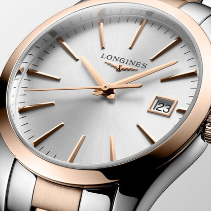 Longines Conquest Classic 34mm Silver Quartz Stål PVD Roséguldklocka L2.386.3.72.7