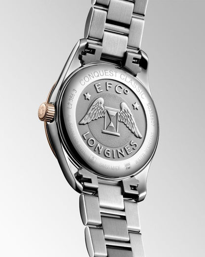 Longines Conquest Classic 34mm Silver Quartz Stål PVD Roséguldklocka L2.386.3.72.7