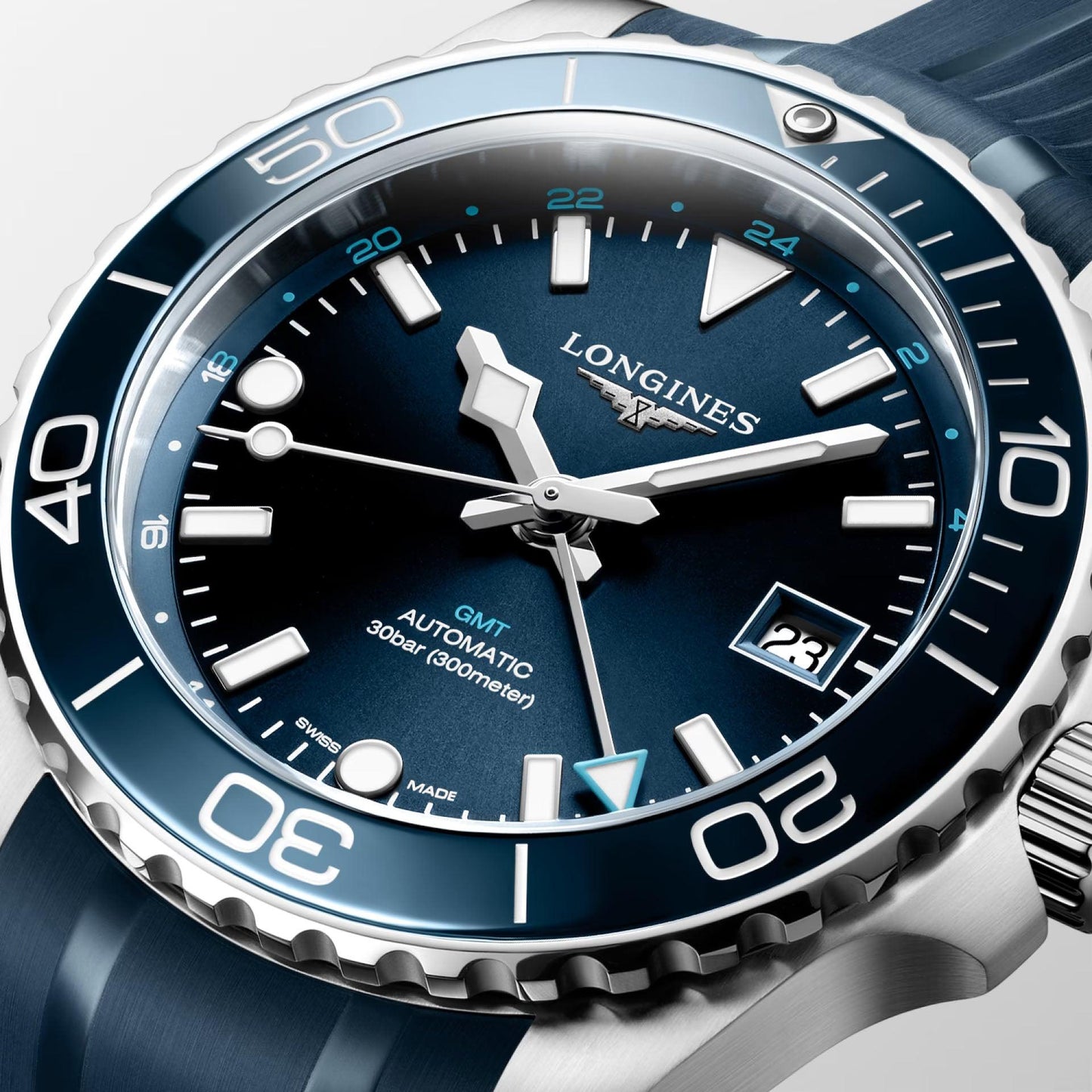 Longines Hydroconquest GMT 41mm blå automatisk stålklocka L3.790.4.96.9
